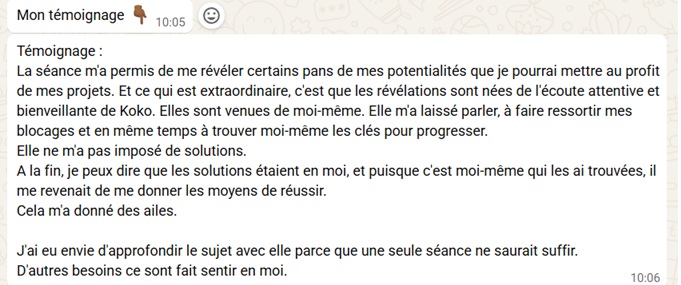 Témoignage WhatsApp reçu après une séance
