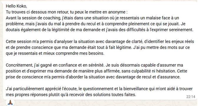 Témoignage WhatsApp reçu après une séance